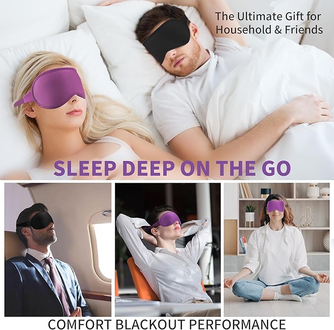 3D Sleep Mask for Men Women 2 Pack, Blackout Eye Mask for Sleeping Eye Mask for Side Sleeper, Memory Foam Adjustable&Washable, Airplane Travel Essentials Couples Yoga Meditation Office Black & Purple - Bloomnest
