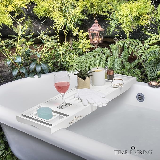 Temple Spring Wooden Bathtub Tray, Bamboo Bathroom Accessories, Bath Tray for Tub, at Home Spa Essentials, Board for Tub Table, Bath Caddy for Bathtub Accessories & Bathroom Essentials – White - Bloomnest