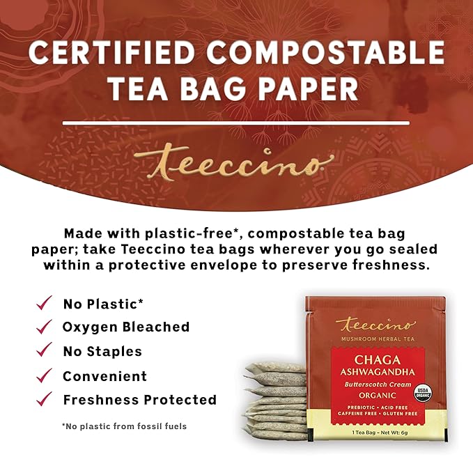 Teeccino Chaga Ashwagandha Tea - Butterscotch Cream - 25 Tea Bags - Organic Mushroom Adaptogenic Herbal Tea, 3x More Herbs than Regular Tea Bags, Prebiotic, Caffeine Free, Gluten Free - Bloomnest