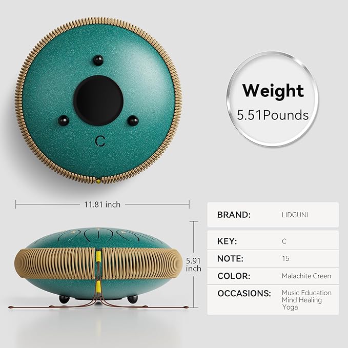 Steel Tongue Drum 12 Inch 15 Notes, Steel Drums Instruments for Kids Adults, Hand Pan Drum with Music Book, Drum Mallets and Carry Bag, Handpan C Major, Malachite Green - Bloomnest