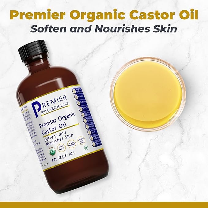 Premier Research Labs Organic Castor Oil for Face - Cold Pressed 100% Pure Castor Oil for Hair Growth, Skin & Body, Hexane Free - 8 Oz Bottle - Bloomnest