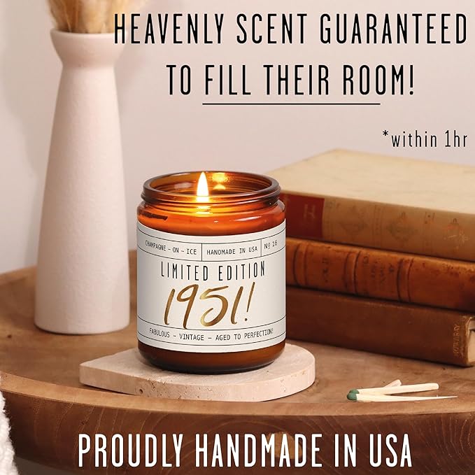 74th Birthday Gifts for Women - 'Limited Edition 1951' Soy Candle, w/Champagne on Ice I 74 Birthday Gifts for Women I 74th Birthday Gift for Her Ideas I 9oz Reusable Jar, 50Hr Burn, Made in USA - Bloomnest