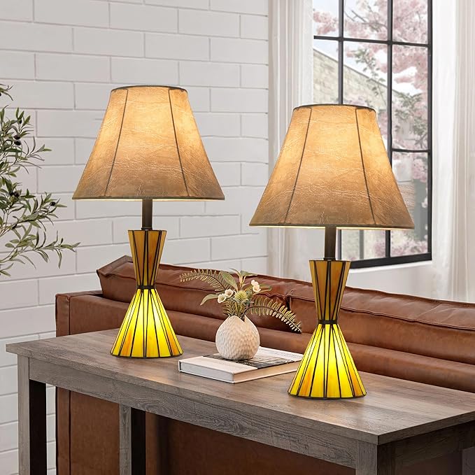 Set of 2 Glass Table Lamps with Stained Glass Night Lights 3-Way Dimmable Bedside Lamps with 12 inches Imitation Sheepskin Shade Modern Nightstand Lamps for Bedroom Living Room - LED Bulbs Included - Bloomnest