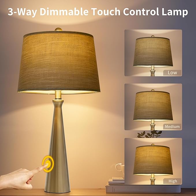 Oneach 25.75" Table Lamps Set of 2 for Living Room Bedroom, Bedside Lamp 3-Way Dimmable Touch Control, Modern Silver Nightstand Light Fabric Shade Vintage Accent Style - Bloomnest