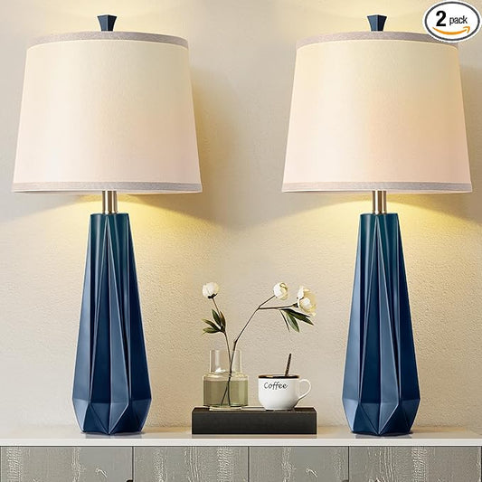 WIHTU 3 Color Temperature Table Lamps Set of 2, 27'' Navy Blue Modern Table Lamp for Living Room, Beside Lamp with Linen Shade, Resin Desk Lamp for Nightstands Bedroom Office Decor (2 Bulbs Included) - Bloomnest