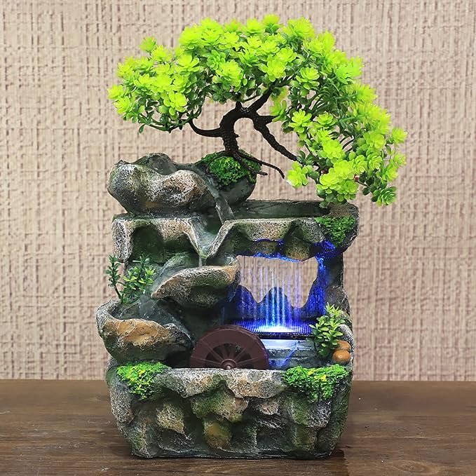 Indoor Water Fountain Mini Desktop Fountain Waterfall Small Rockery with LED Light for Home Office Bedroom Desk Decoration - Bloomnest