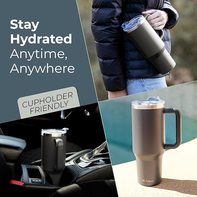 40 oz Tumbler With Handle and Straw Made of Stainless Steel - Double Wall Vacuum Insulated Tumbler With Lid - Sweat Proof Easy Grip, BPA-Free, Dishwasher Safe Tumbler (Charcoal) - Bloomnest