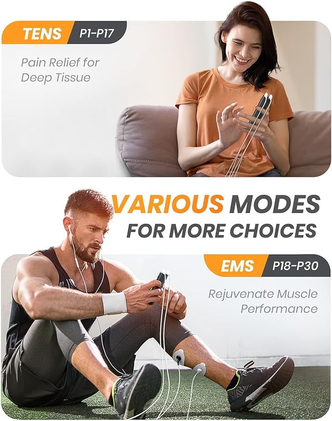 AVCOO 30 Modes TENS EMS Unit Compact Muscle Stimulator for Pain Relief of Back, Shoulder, Neck, Rechargeable & Portable Dual Channel EMS Muscle Stimulator with 30 Intensity Levels, 12 Electrode Pads
