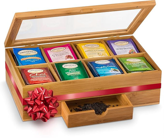 Bambüsi Tea Box Organizer with Drawer - 8 Compartment Bamboo Wooden Tea Storage Chest with Acrylic Window & Magnetic Lid - Tea Accessories & Gift Set for Women, Birthdays, House Warming Gifts New Home - Bloomnest