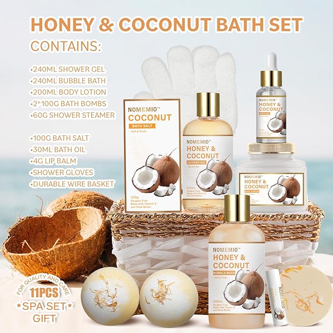 Valentine's Day Gift Baskets, Spa Gift Basket for Women, 11pcs Honey & Coconut Luxury Bath Gift Set, Spa Kit with Shower Gel, Bubble Bath, Bath Bombs , Beauty Gifts for Her, Women, Mom Birthday - Bloomnest