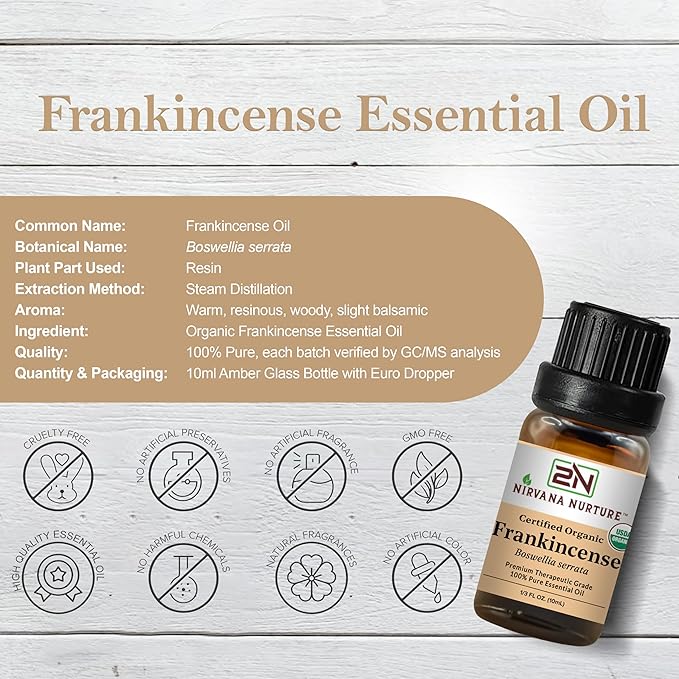 Frankincense Essential Oil, USDA Certified Organic, 100% Pure Undiluted, Aromatherapy Oil for Diffuser, Hair & Skin Care NirvanaNurture