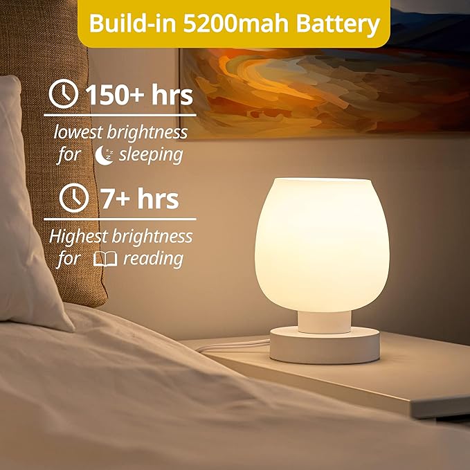 Cordless Bedside Lamp, Portable Rechargeable Table Lamps for Bedroom for Night Stands, Touch Stepless Dimmable Desk Lamp, Warm LED Bulb, Round Shape, 1 Set, White - Bloomnest