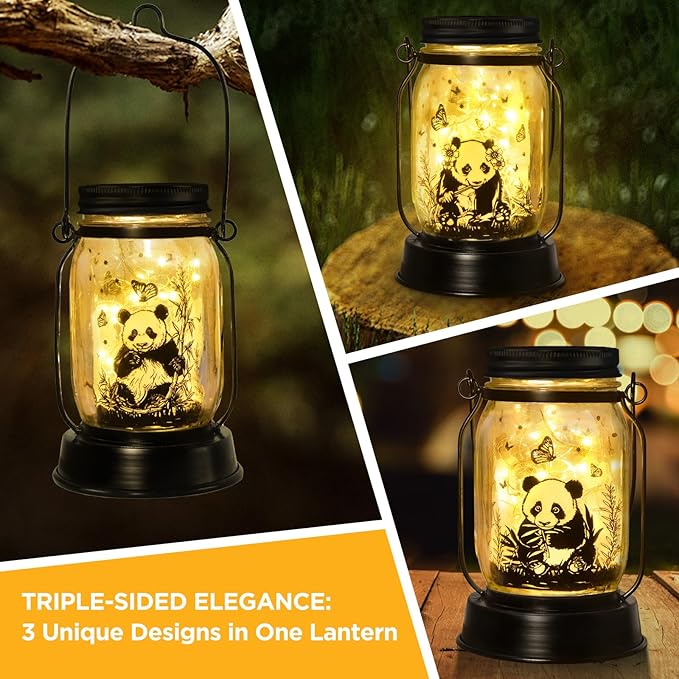 kyoryuger Panda Gifts for Women/Men/Kids Panda Solar Lanterns Mom Grandma Birthday Present Lantern Memorial Lights Solar Garden Decoration Outside for Yard, Patio,Backyard,Porch Torches - Bloomnest