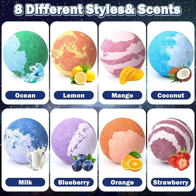 Galaxy Bath Bombs for Kids with Surprise Inside Space Toys, 8 Pack Planet Bath Bombs with Solar System Gemstones Organic Bubble Bath Fizzies Birthday Christmas Gifts for Boys Girls - Bloomnest