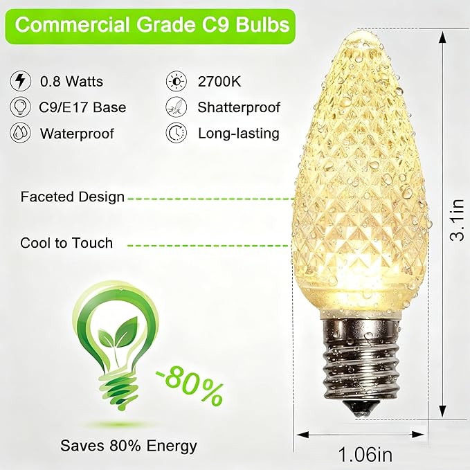 echosari 25 Pack C9 LED Replacement Christmas Light Bulbs for Outdoor String Lights, 0.8W UL Listed Commercial Grade Holiday Bulbs, C9/E17 Candelabra Base Sockets (Warm White) - Bloomnest