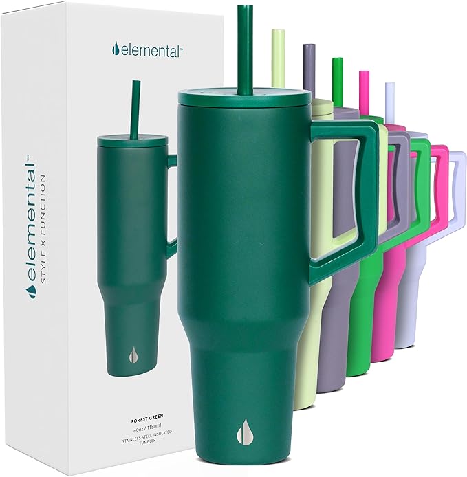 Elemental 40 oz Tumbler with Handle and Straw - Spill Proof Insulated Stainless Steel Commuter for Hot and Cold Beverages - Travel Coffee Mug with 2 Straws & Spill Proof Lid - 40oz - Forest Green - Bloomnest