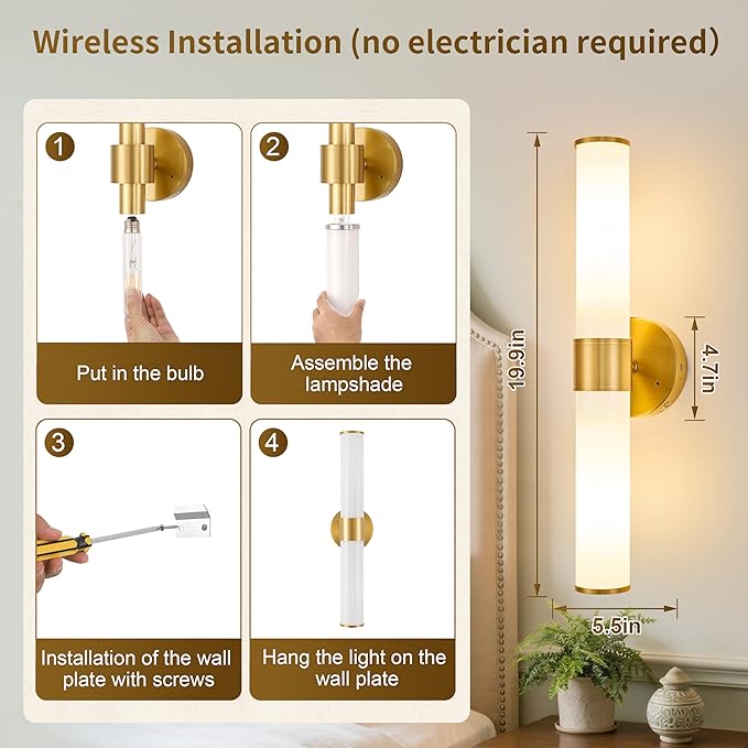 Gold Battery Operated Wall Sconces Set of 2, Rechargeable Wall Lights with Remote Control, 20 Inch Modern Wireless Wall Lamp for Bedroom, Living Room (Bulbs Included) - Bloomnest