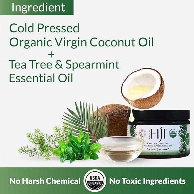 Organic Fiji Raw Cold Pressed Coconut Oil for Hair, Skin, Face & Body | Relaxing Massage Oil | Tea Tree Spearmint,12 oz for Women Men & Baby - Bloomnest
