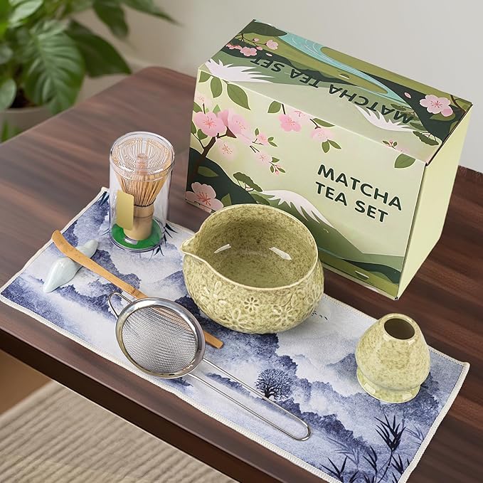 Matcha Whisk Set, 7 Pcs Matcha Kit Includes Matcha Bowl, Whisk and Holder, Bamboo Scoop, Scoop Rest, Sifter and Tea Towel, Gift for Matcha Lover (Mottled Green) - Bloomnest