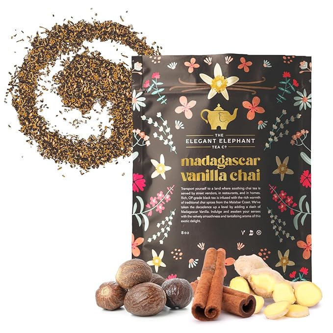 Madagascar Vanilla Chai Tea, Organic Loose Leaf Chai Tea – Black Tea with Chai Spice Blend – Great Hot or Iced Chai Latte – 8 oz Resealable Bag (Makes 100 Cups) – The Elegant Elephant - Bloomnest