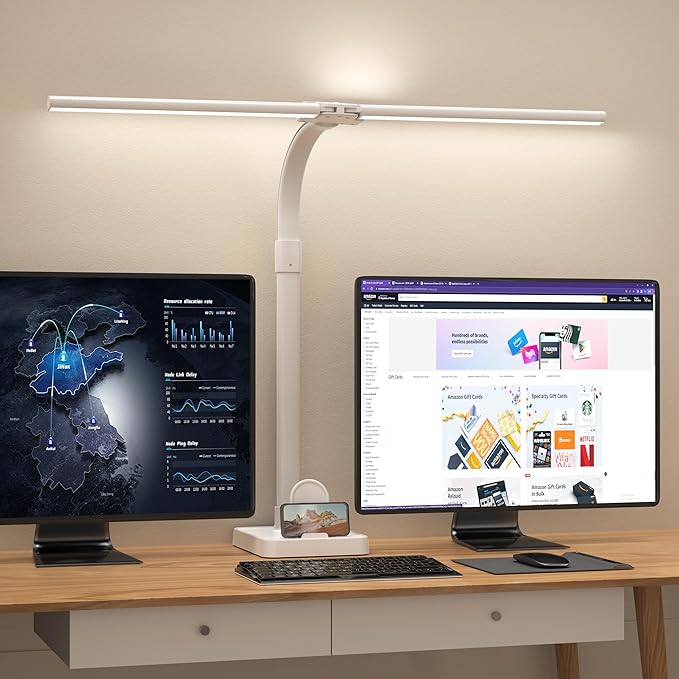 Led Desk Lamp for Home Office,24W Bright Eye-Caring Desk Light with Base,5 Brightness and 5 temperatures Dimmable Workbench Task Light, Adjustable Gooseneck Table Lamp for Monitor(White) - Bloomnest