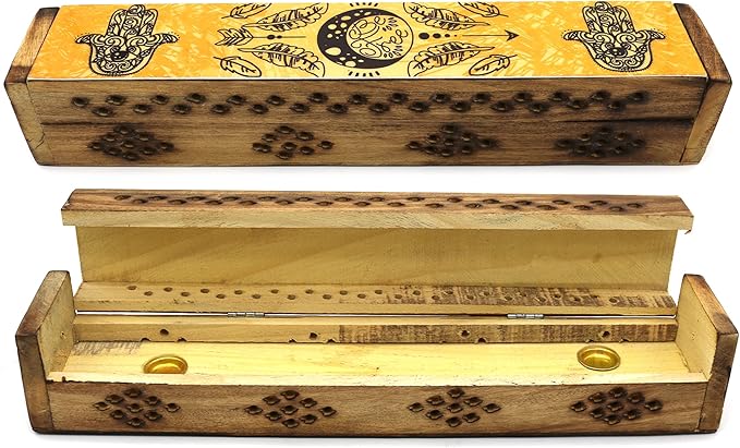 SOUL STICKS Handmade Carved Incense Burner Wooden Coffin Box with Storage Includes Go Away Evil Incense Sticks (Yellow Hamsa Hand) - Bloomnest