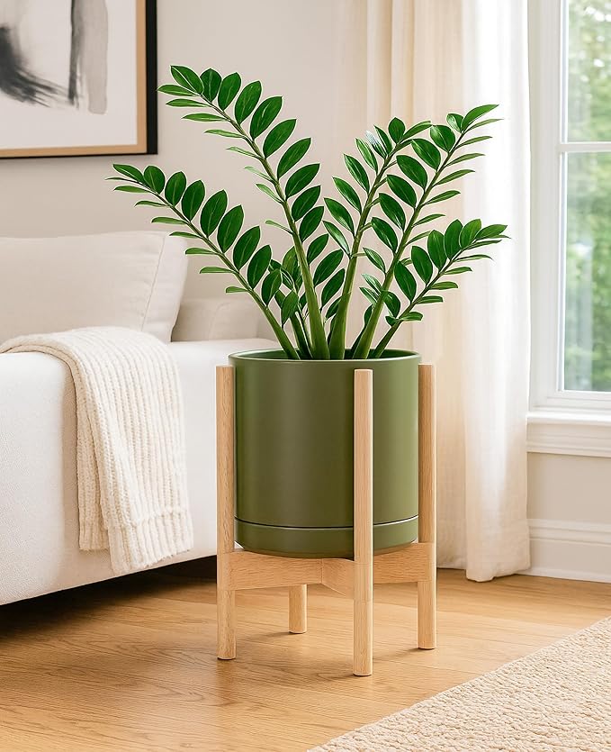 D'vine Dev Ceramic Planter with Natural Stand - 10 Inch Modern Round Flower Pot with Wood Planter Holder, Olive, 55-B-K-J - Bloomnest