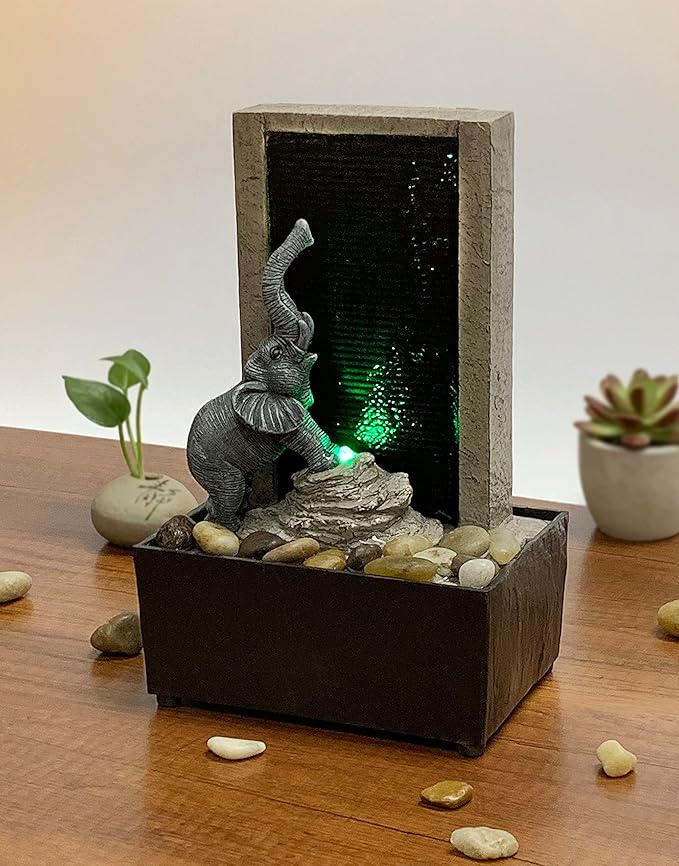 Nature's Mark 9" H Elephant Tabletop Water Fountain with Natural River Rocks and LED Lights (Power Cord Attached) - Bloomnest
