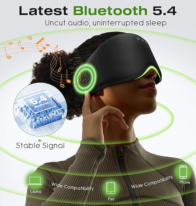 MUSICOZY Sleep Headphones with Bluetooth 5.4 Sleep Mask, Removable 3D Eye Cups for Zero Pressure Comfort, Wireless Bluetooth Eye Mask for Sleeping with Timer - Bloomnest