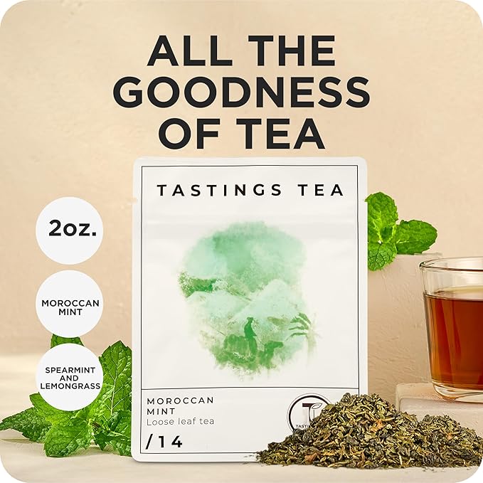 Tastings Tea Moroccan Mint Loose Leaf, 2 oz | Chinese Green Tea & Peppermint Blend | Light Caffeine | Crisp & Refreshing for Natural Digestion | Small Batch & Sustainably Sourced | Resealable Pouch - Bloomnest