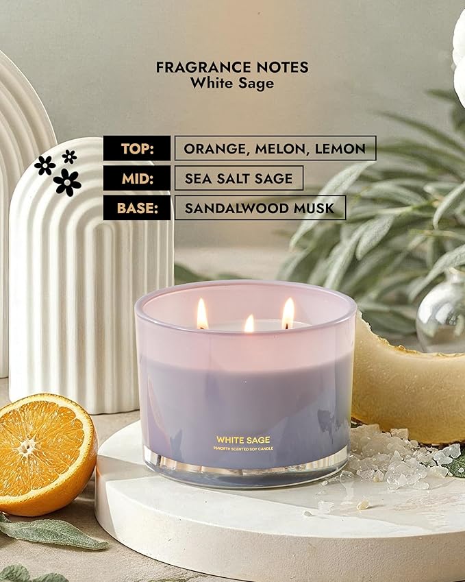 96NORTH Luxury White Sage Candle | Large 3 Wick Jar Candle | Up to 50 Hours Burning Time | 100% Natural Soy Wax | Relaxing Aromatherapy Aesthetic Candles | Housewarming Gift for Men and Women - Bloomnest