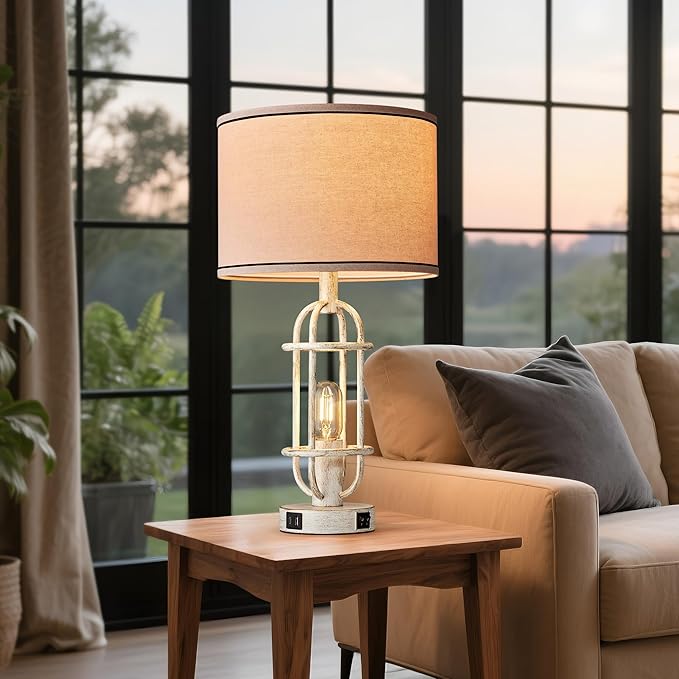 22.3" Farmhouse Table Lamps Set of 2, Vintage Lamps for Living Room End Tables, Bedroom Lamp for NightStand with USB C+A Ports, Antique White - Bloomnest
