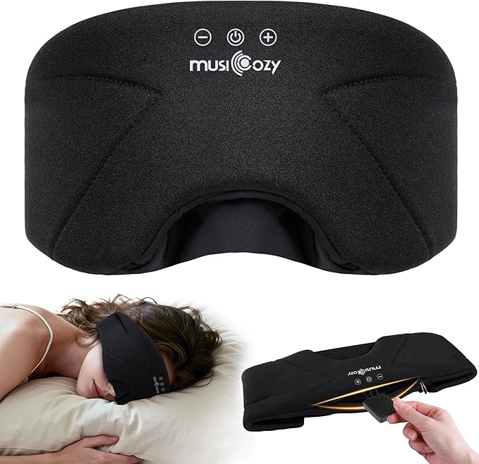 MUSICOZY Bluetooth Sleep Headphones 5.4, Wireless Over-Ear Headphones with Built-in HD Stereo Speakers, Cooling Eye Mask Design, 14H Playtime, Washable, for Side Sleepers, Travel & Relaxation - Bloomnest