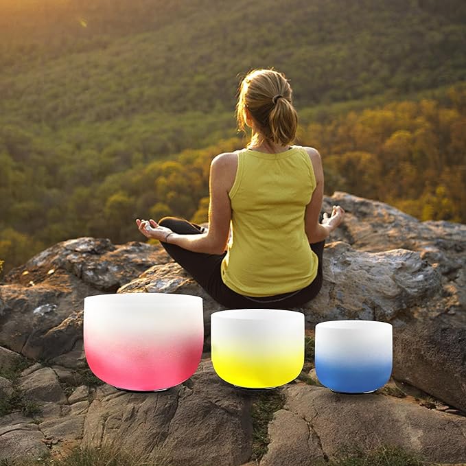 8-12 Inch Set of 3 Gradient Design Quartz Crystal Singing Bowl Chakra Set with Free Carrying Case and Suede Sticker & O-ring - Bloomnest