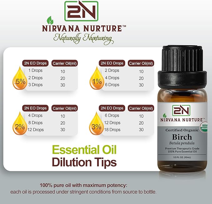Birch Essential Oil, USDA Certified Organic, 100% Pure Undiluted, Aromatherapy Oil for Diffuser, Hair & Skin Care NirvanaNurture