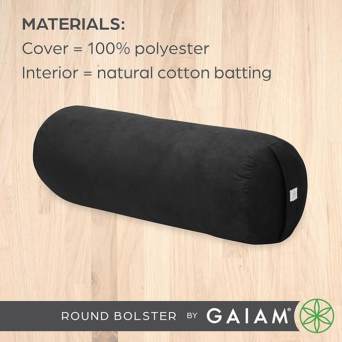 Gaiam Round Yoga Bolster Pillow, Soft Meditation Cushion for Yoga, Massage and Back Support, Breathable Cotton Fill, Zippered Microfiber Cover, Easy-Carry Handle, Machine Washable