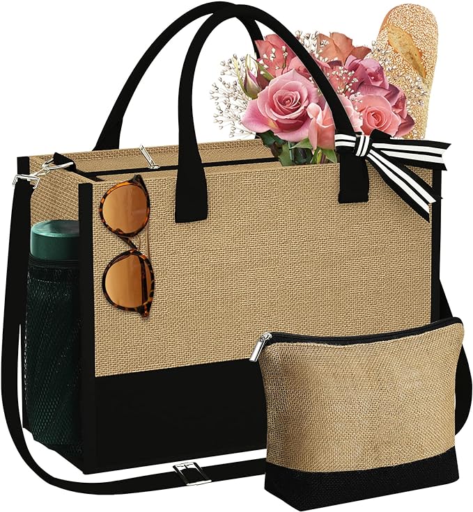 YOOLIFE Valentines Day Gifts for Her - Initial Jute Tote Bag & Makeup Bag, Birthday Gifts for Women Teacher Mom Wife Friend - Bloomnest