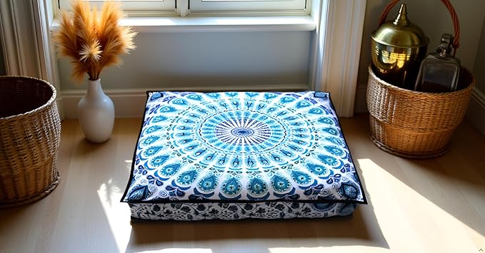 INDIAN CRAFT CASTLE 24" Green Peacock Mandala Barmeri Large Floor Pillow Cover Cushion Meditation Seating Ottoman Throw Cover Hippie Decorative Zipped Bohemian Pouf Ottoman Pom Pom Cases 24" Square - Bloomnest