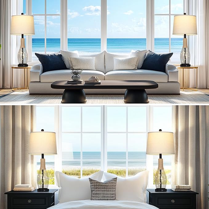 28" Tall Coastal Table Lamps Set of 2, Glass Black Modern Table Lamps with 3-Way Dimmable Touch Control Fairy Lights & Type-C Charging, Beach Nautical Bedside Lamps for Living Room Bedrooms End Table - Bloomnest