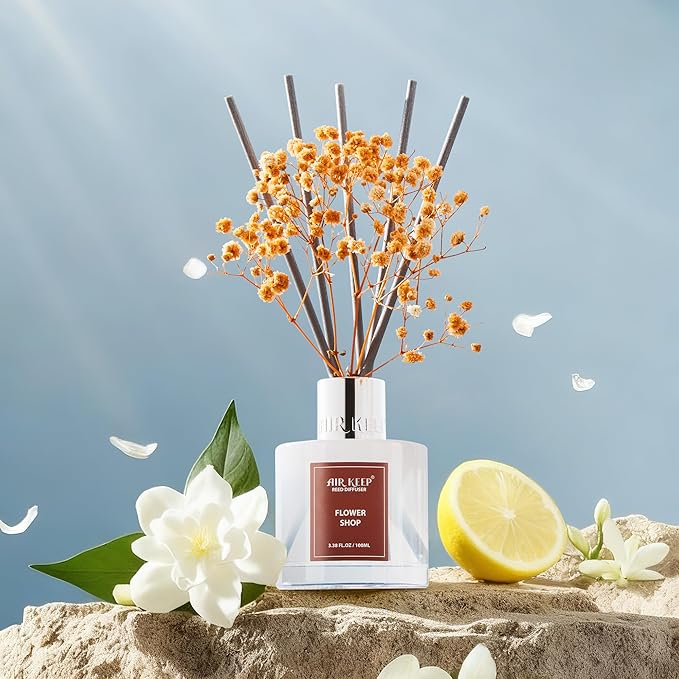 Airkeep Reed Diffuser Set,3.38 fl oz (100 ml) - Flower Shop Oil Diffusers with 8 Reed Sticks, Home Fragrance Reed Diffuser for Bathroom Shelf Decor - Bloomnest