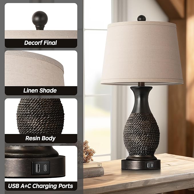 PARTPHONER Table Lamps Set of 2, Bedside Touch Lamp with USB C+A Charging Ports, Side Table Lamp with Linen Fabric Shade (LED Bulbs Included), Black with Gold Accents - Bloomnest