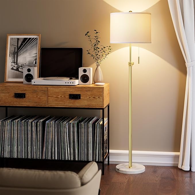 PARTPHONER Floor Lamp for Living Room, 66'' Adjustable Height Standing Lamp with Marble Base, 3-Color Tall Lamps with Pull Chain, Suitable for Bedroom, Reading, Office (Bulb Included, White Shade) - Bloomnest