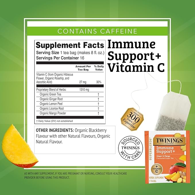 Twinings Superblends Immune Support+ Herbal Tea with Vitamin C, Ginger & Mango Flavoured Green Tea, 16 Tea Bags (Pack of 1), Enjoy Hot or Iced - Bloomnest