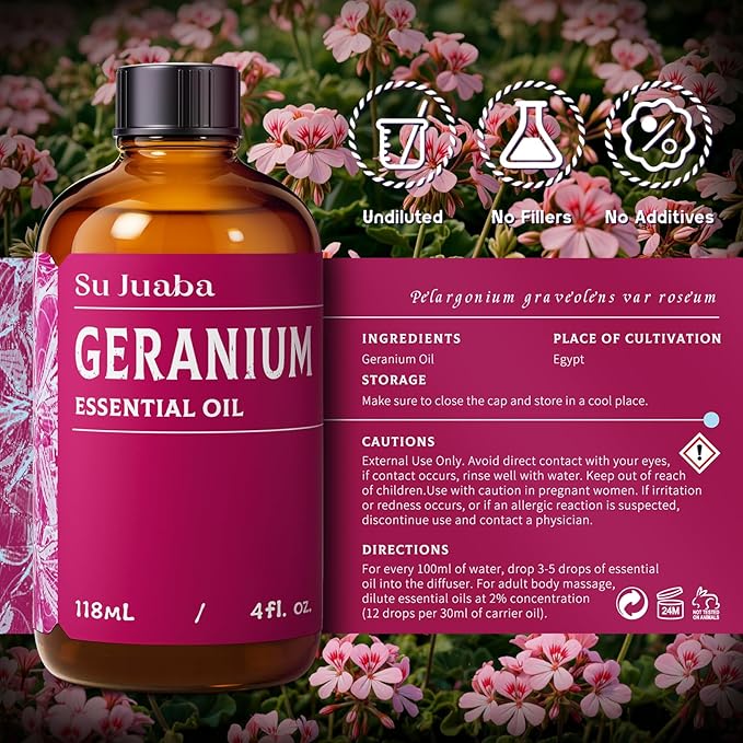 SU JUABA Geranium Essential Oil 4 Oz, 100% Pure & Natural Aromatherapy Oil for Diffuser, Skin Care, Hair & Massage - 118ML Bloomnest