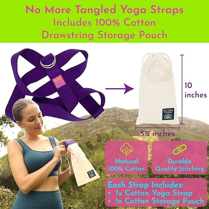 Adaptive Yoga Strap, Stretching Strap, 2 Inches Wide, 100% Naturally Soft Cotton, Steel D-Rings, Includes Natural Cotton Drawstring Storage Pouch and Instructional E-Book - Bloomnest