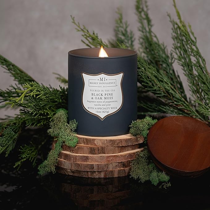 Manly Indulgence Black Pine Oakmoss Scented Candles for Men, 15 oz Wooden Wick, Premium Soy Blend Wax, 60H Burn, Candles for Home Scented - Made in The USA - Bloomnest