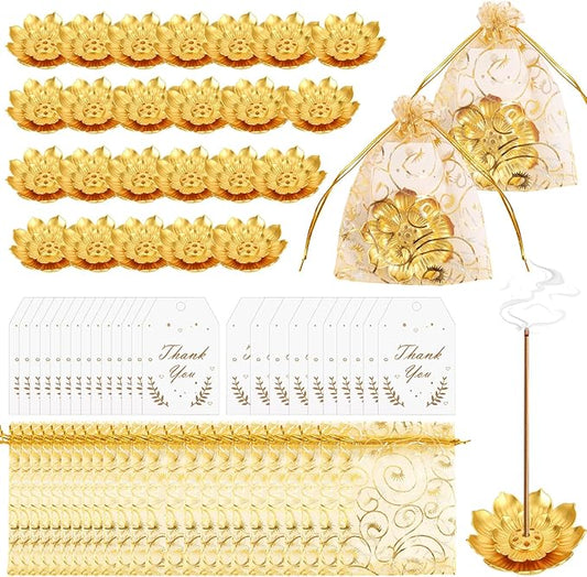 72 Pack Diwali Gifts Bulk, Lotus Incense Holder, Indian Return Gifts for Pooja Bulk, Gold Lotus Incense Sticks Holder with Organza Bags & Thank You Cards, Indian Return Gift - Bloomnest