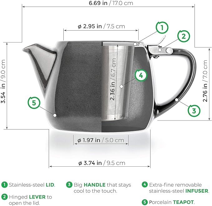 Tealyra - Pluto Porcelain Small Teapot Grey - 18.2-ounce (1-2 cups) - Unique Finish - Stainless Steel Lid and Extra-Fine Infuser To Brew Loose Leaf Tea - 540ml - Bloomnest
