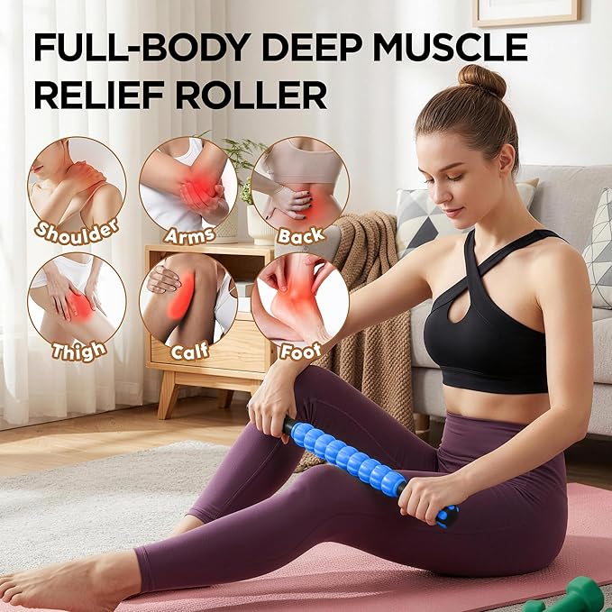 Muscle Roller & Massage Roller Stick for Athletes - Lymphatic Drainage Support, Relieves Muscle Soreness, Cramping & Tightness - Targets Legs, Arms, Back & Calves （Blue - 18inch） - Bloomnest