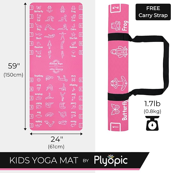 Plyopic Kids Yoga Mat - Non-Slip Lightweight TPE Exercise Mat - Ideal for Boys & Girls (Ages 3-12), Toddlers & Children in Kindergarten, Preschool, School. PVC Free. 6mm Thick. Carry Strap - Bloomnest